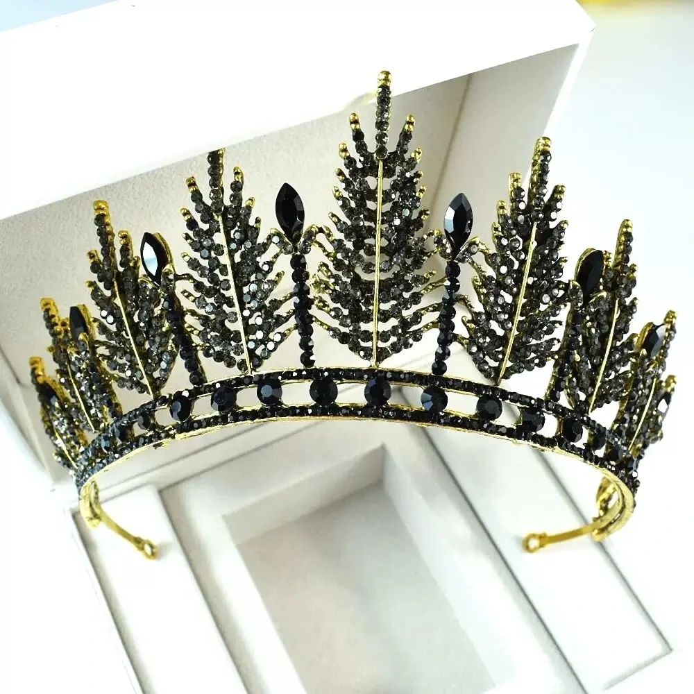 Vintage Gold and Black Leaf Crystal Tiara - Women Accessories
